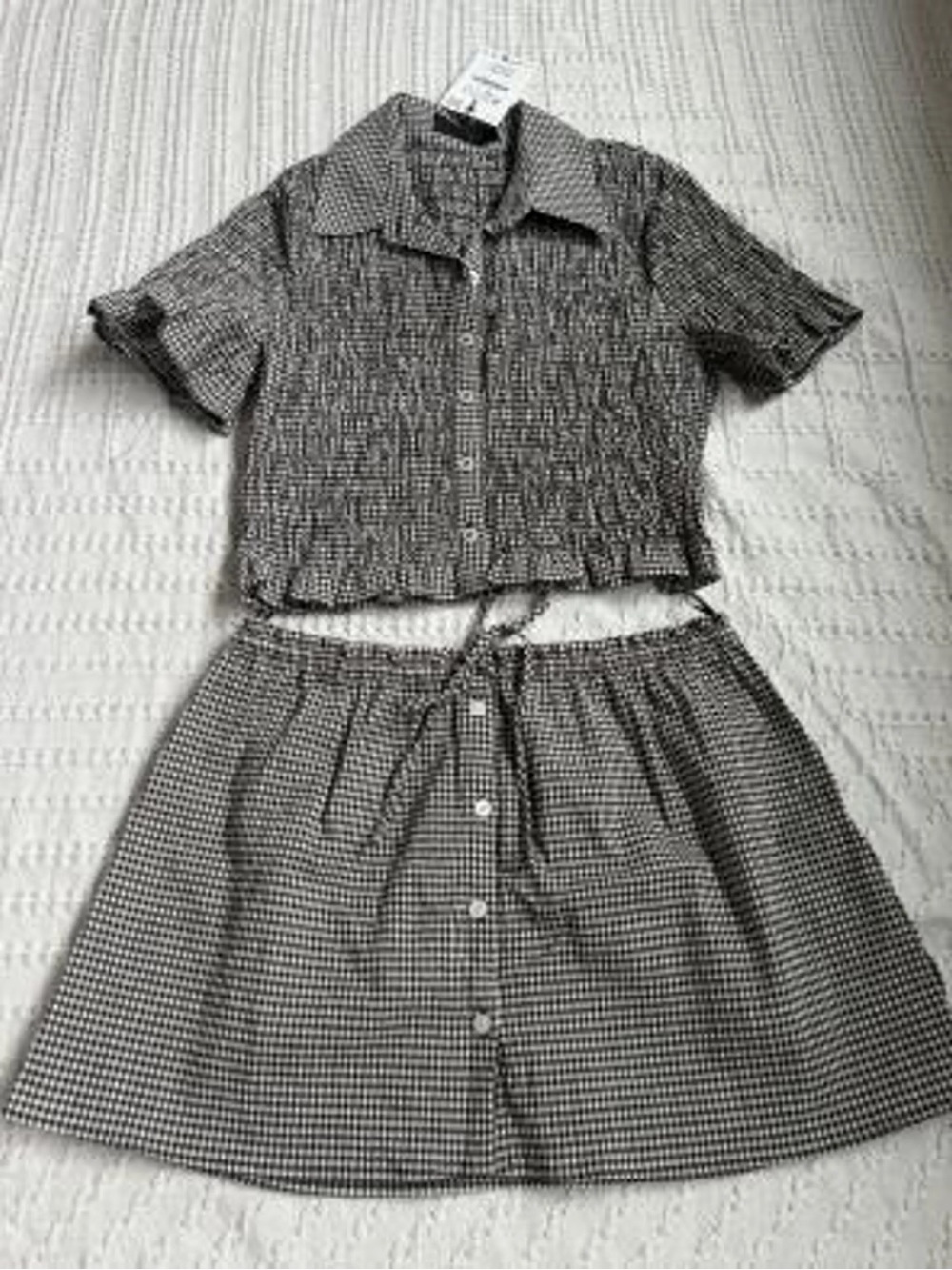 Zara skirt set Cropped Button-Front Shirt & Skirt Set - Brown/White Check XS/S